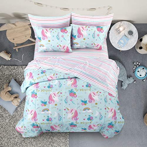 Heritage Kids Kids and Toddler Ultra-Soft Sleepy Unicorn and Rainbow Easy-Wash Microfiber 5-Piece Bed in A Bag Set, Twin, Blue