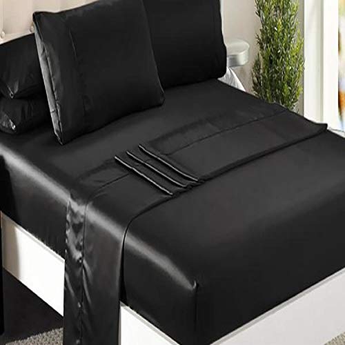 Book Cover Niagara Sleep Solution Queen Bed Sheet Set 4 Pieces Black Silky Smooth Bridal Satin Deep Pocket Fitted, Flat, 2 Pillow Cases Wrinkle Stain, Fade Resistant (Black Satin, Queen)