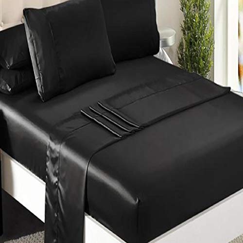 Niagara Sleep Solution Queen Bed Sheet Set 4 Pieces Black Silky Smooth Bridal Satin Deep Pocket Fitted, Flat, 2 Pillow Cases Wrinkle Stain, Fade Resistant (Black Satin, Queen)