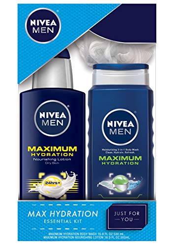 NIVEA Men Maximum Hydration Essential Pack - Body Lotion, Body Wash and Shower Loofah Included - Two(2) 16.9 Fl. Oz. Bottles