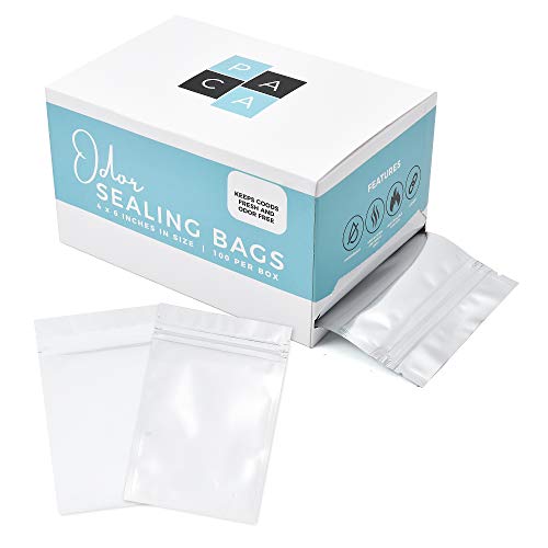 Book Cover PACA 100 Resealable Smell Proof Bags - White Clear Plastic Foil Metallic Mylar Pouch Bag Airtight Flat Zipper for Food, Candy, Herbs & Spice Storage, (4 x 6)