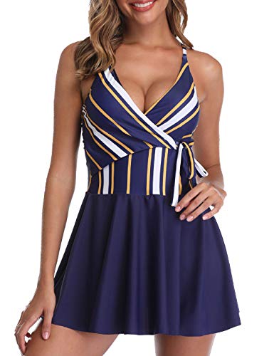 SelfieGo Women's Tummy Control Swimdress Swimwear Flowy Bathing Swimwear Flyaway Tankini Top Bandeau Two Pieces Slimming