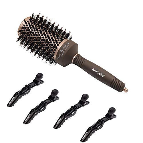 Khaleesi Round Hair Brush with 4 pcs Hair Clips, Boar Bristles, Nano Thermal Ceramic Coating & Ionic Tech for Hair Drying, Styling, Curling, Straightening, Hair Volume and Shine (2 Inches)