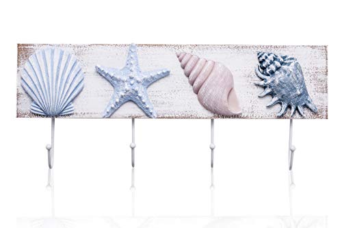 TideAndTales Beach Decor Seashell Wall Hooks Towel Rack for Bathroom, Bedroom or Kitchen | 4 Strong Hooks | Ocean Theme Beach House Decor