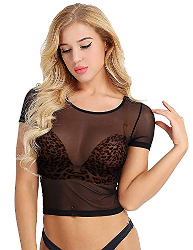 Ypser Women's Fishnet Mesh Crop Tops Long Sleeve Sheer Net T-Shirt Tee