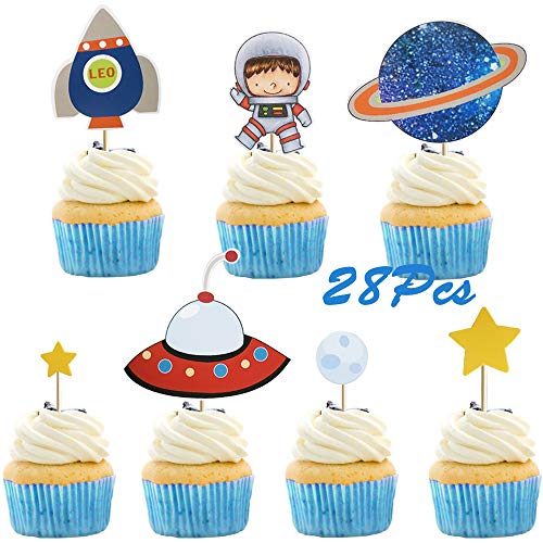 28Pcs Astronaut Exploration Series Space Shuttle UFO Rocket Star Cupcake Toppers for Birthday Party Favors