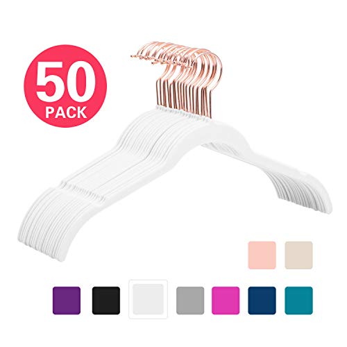 MIZGI Premium Velvet Shirt Hangers (Pack of 50) - Non Slip Felt Dress Hangers White - Copper/Rose Gold Hooks,Space Saving Clothes Hangers (White)