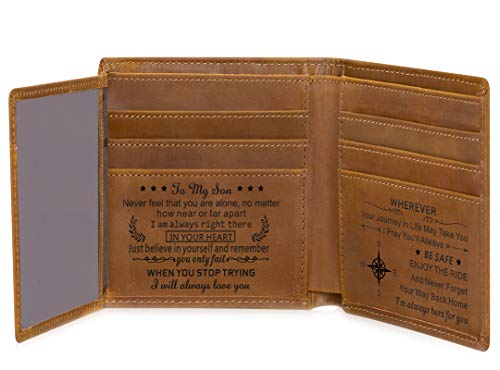 Fundykee Engraved Mens Wallet Personalized Leather Wallet for Men Husband Dad Son Boyfriend Love Custom Gifts (Tri-fold wallet to my son)