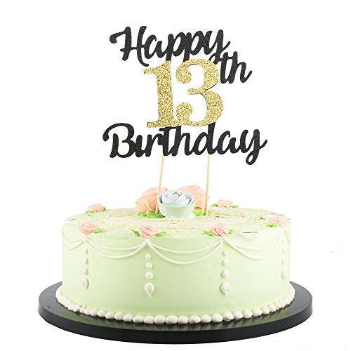 LVEUD Happy Birthday Cake Topper Black Font Golden Numbers 13th Birthday Happy Cake Topper -Birthday Party Decorations (13th)