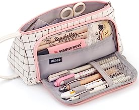 EASTHILL Large Capacity Colored Canvas Storage Pouch Marker Pen Pencil Case Simple Stationery Bag Holder For Middle High School Office College Student Girl Women Adult Teen Gift White Plaid