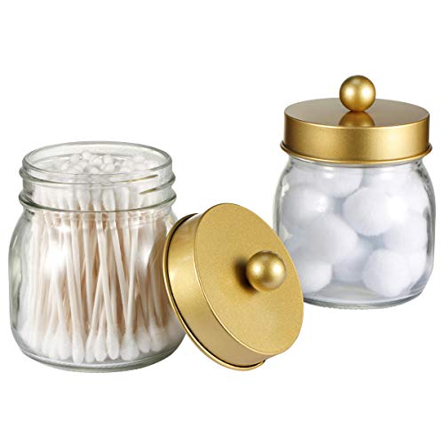 Book Cover SheeChung Mason Jar Bathroom Apothecary Jars - Qtip Holder Canister Gold Bathroom Accessories Vanity Storage Organizer Glass for Qtips,Cotton Swabs,Ball,flossers,Hair Bands/Gold (2 Pack)