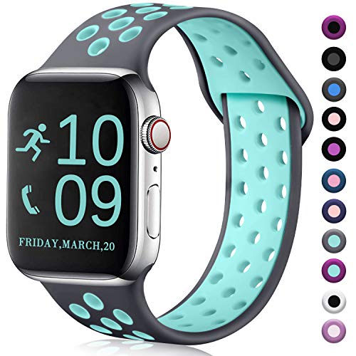 Book Cover Zekapu Compatible with Apple Watch Band 44mm 42mm, for Men Women, S/M, Breathable Silicone Sport Replacement Wrist Band Compatible for iWatch Series 4/3/2/1,Gray-Teal