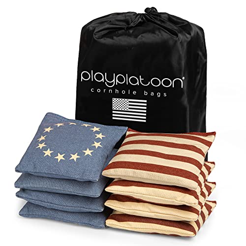 Play Platoon Weather Resistant Cornhole Bags - Set of 8 Regulation Corn Hole Bean Bags - Betsy Ross Vintage American Flag - Durable Duck Cloth Corn Hole Bags for Tossing Game, Includes Tote Bag