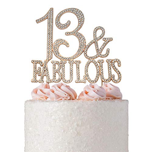 13 and Fabulous Cake Topper | ROSE GOLD | Premium Bling Crystal Rhinestone Diamond Gems | 13th Birthday Party Decoration Ideas | Quality Metal Alloy | Perfect Keepsake