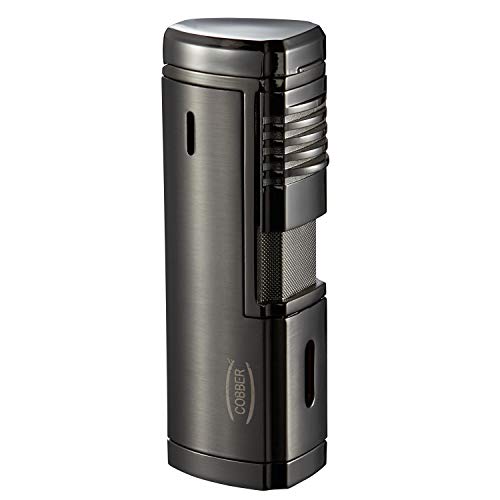 Cobber Torch Cigar Lighter, Windproof Butane Fuel Lighter for Smoking Quad 4 Jet Red Flame Refillable Butane Cigar Lighter with Punch, Large Size (Gunmetal Gray)