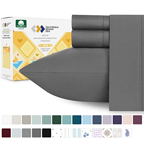 Book Cover California Design Den Twin Size Dark Grey Sheets - 400 Thread Count 100% Cotton Sheet Set - 3 Piece Set Long-Staple Combed Pure Natural Cotton Bedsheets, Fits Mattress 15'', Deep Pocket