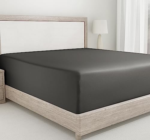 Fitted Sheet Queen Deep Pocket Soft, 100% Cotton, 400 Sateen, No Pop-Off Elastic, Deep Pocket, Durable Fitted Sheet with Head & Foot Tags (Queen, Dark Gray)