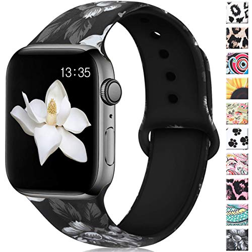 Book Cover Haveda Floral Band Compatible with Apple 5 Watch 44mm Band Series 4 Series 5, Print Apple Watch Band 42mm Women Pattern Silicone Sport Wristbands for Apple Watch Series 3/2/1 S/M Gray Flower