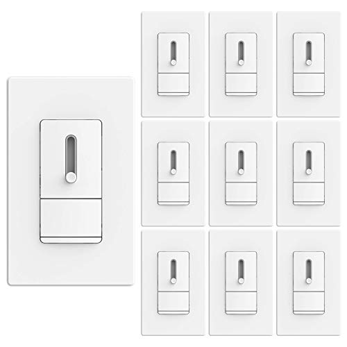[10 Pack] BESTTEN Dimmer Switch for Dimmable LED Light, CFL Lamp, Incandescent, Halogen Bulb, Single Pole or 3-Way, Vertical Slide Dimming Control, Screwless Wall Plate Included, UL Listed, White