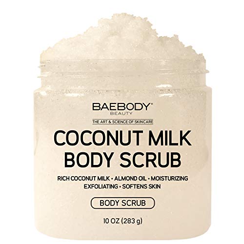 Book Cover Baebody Coconut Milk Body Scrub: With Dead Sea Salt, Almond Oil, and Vitamin E. - Exfoliator, Moisturizer Promoting Radiant Skin 10oz.