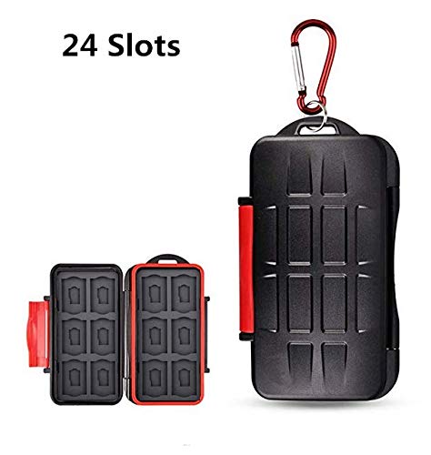 UPZHIJI 24 Slots Memory Card Case Holder for 12 SD SDHC SDXC Cards + 12 TF MSD Micro SD Cards Professional Water-Resistant Anti-Shock Storage Protector Organizer, with Carabiner