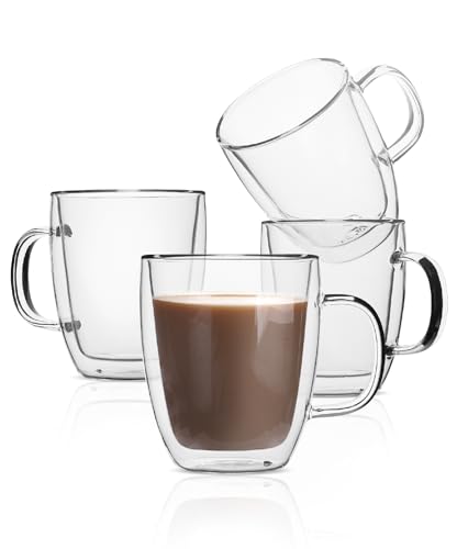 BTaT- Double Walled Glass Coffee Mugs, 16 oz, Set of 4, Glass Coffee Cups with Handle, Insulated Clear Coffee Mug for Hot and Cold Beverages, Cappuccino, Latte, Tea, Americano, Microwave Safe