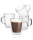 BTaT- Double Walled Glass Coffee Mugs, 16 oz, Set of 4, Glass Coffee Cups with Handle, Insulated Clear Coffee Mug for Hot and Cold Beverages, Cappuccino, Latte, Tea, Americano, Microwave Safe