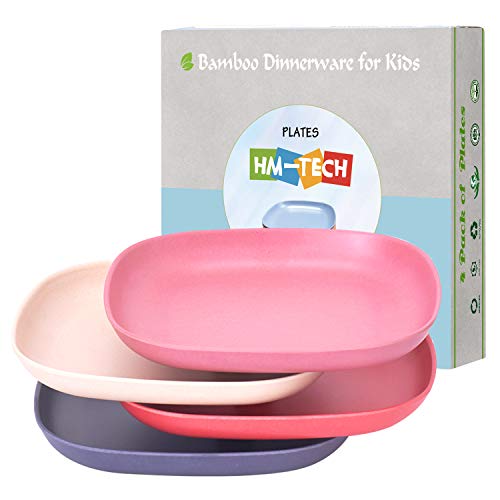 4pcs Bamboo Kids Plates for Baby Feeding, Non Toxic & Safe Toddler Plates, Eco-Friendly Tableware for Baby Toddler Kids Bamboo Toddler Dishes & Dinnerware Sets