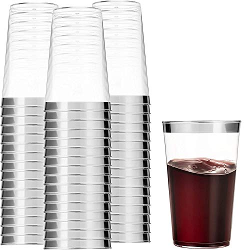 Munfix 100 Silver Plastic Cups 16 Oz Clear Plastic Cups Tumblers Silver Rimmed Cups Fancy Disposable Wedding Cups Elegant Party Cups with Silver Rim