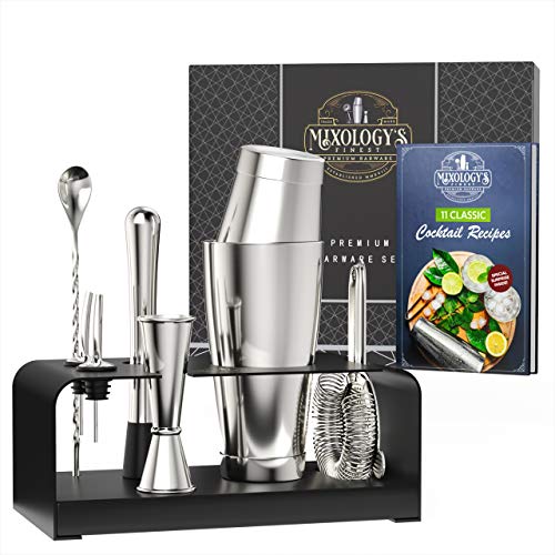 Mixology Bartender Kit with Free Recipe Book - Bar Set Includes Boston Shaker, Jigger, Hawthorne Strainer - Sleek, Stylish Cocktail Shaker Set Makes Perfect Housewarming Gift