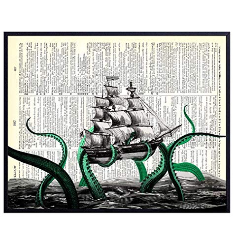 Kraken Octopus Breaking Ship - Dictionary Art – 8x10 Upcycled Home and Wall Decor Poster for Bathroom, Beach or Lake House – Cool Unique Gift for Steampunk Fans – Vintage Unframed Print on Photo Paper