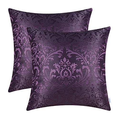 Book Cover CaliTime Pack of 2 Throw Pillow Covers Cases for Couch Sofa Home Decoration Vintage Damask Floral Shining & Dull Contrast 18 X 18 Inches Deep Purple