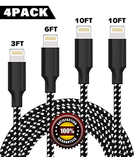 Book Cover iPhone Charger,BULESK MFi Certified Lightning Cable 4Pack 3FT 6FT 10FT 10FT Extra Long Nylon Braided USB Charging & Syncing Cord Compatible iPhone Xs/Max/XR/X/8/8Plus/7/7Plus/6S Plus -Black White