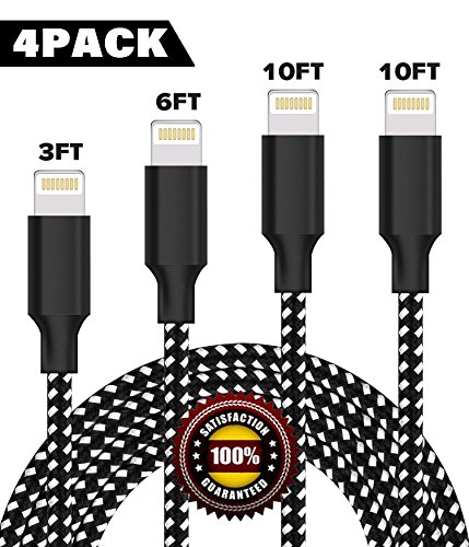 iPhone Charger,BULESK MFi Certified Lightning Cable 4Pack 3FT 6FT 10FT 10FT Extra Long Nylon Braided USB Charging & Syncing Cord Compatible iPhone Xs/Max/XR/X/8/8Plus/7/7Plus/6S Plus -Black White