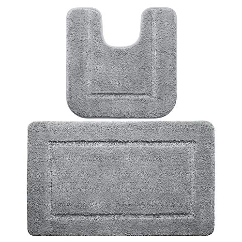LOCHAS Microfiber 2-Piece Bath Rug Set, Shaggy Absorbent Bathroom Rugs Carpets 34''x20'' & Non Slip Contour Toilet Mat 20''x20'', Machine Washable Rugs for Shower, Grey