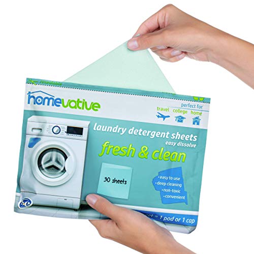 Homevative Laundry Detergent Sheets, Easy dissolve, 30 sheets, Fresh & Clean scent, Eco-friendly package, Great for travel, college, laundromat and at home, Compatible with HE machines