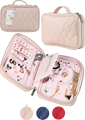AVEEPA Travel Jewelry Organizer – Travel Jewelry Case with Magnetic Snaps, Detachable Earrings Pad, Necklace Holder (Nude Pink), Jewerly Holder Organizer with an Outside Pocket