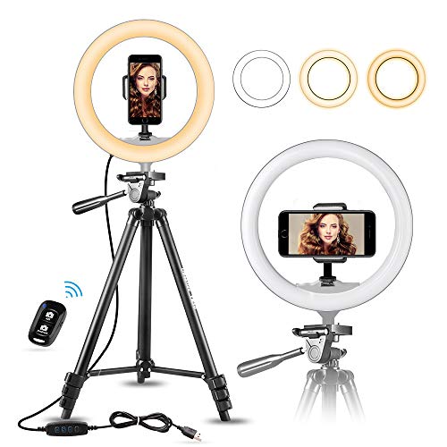 10" Selfie Ring Light with 50" Extendable Tripod Stand & Flexible Phone Holder for Live Stream/Makeup, UBeesize Mini Desktop Led Camera Ringlight for YouTube Video, Compatible with iPhone/Android