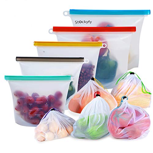 Reusable Silicone Food Storage Bags with Mesh Produce Bags (10-pack) Eco Friendly Food Storage Meal Prep | Freezer Containers Airtight Lunch Bags preserving cooking Kitchen Saver