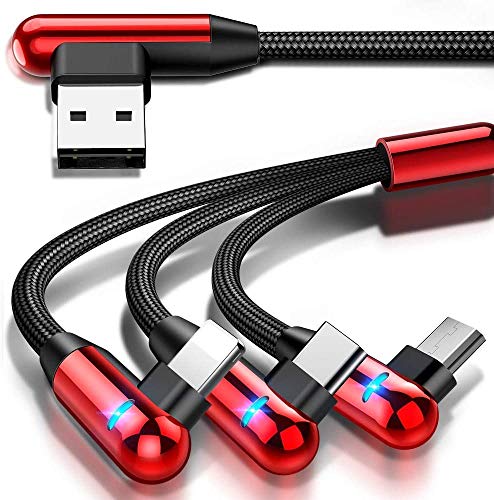 Multi Charging Cable, Right Angle 90 Degree 3 in 1 Cable with LED Light Nylon Braided Universal USB Charger Cord with Micro USB/Type C Port Compatible Cell Phones Tablets, etc - Red/4.3ft