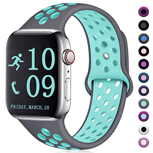 Book Cover Zekapu Compatible with Apple Watch Band 40mm 38mm, for Women Men, S/M, Breathable Silicone Sport Replacement Wrist Band Compatible for iWatch Series 4/3/2/1,Gray-Teal