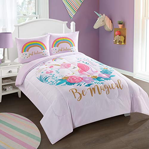 Book Cover Heritage Kids Kids and Toddler Ultra-Soft Magical Unicorn and Rainbow Easy-Wash Microfiber Comforter Bed Set, Twin, Light Pink