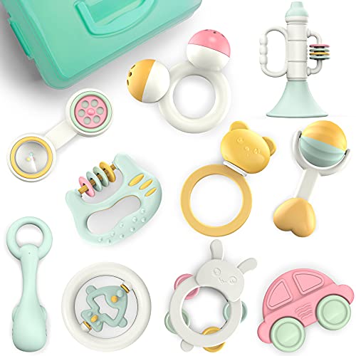 Book Cover Gizmovine 10pcs Baby Toys Rattles Set, Infant Grasping Grab Toys, Spin Shaking Bell Musical Toy Set Early Educational Toys with Storage Box for Toddler Newborn Baby 3, 6, 9, 12 Month