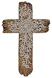 Ornate Flower Wall Cross - Rustic Driftwood Look Decorative Spiritual Art Sculpture