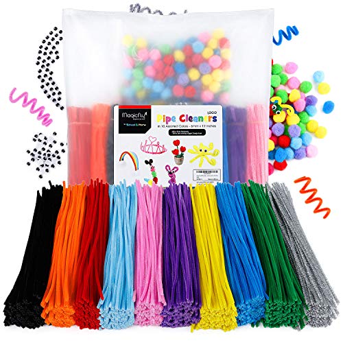 Magicfly 1000 Pcs Pipe Cleaners with 100 Pieces Pompom Balls 25mm and 50 Pcs Wiggle Googly Eyes, Chenille Stems in 10 Assorted Colors, 6mm x12 inch for DIY Arts & Craft Projects