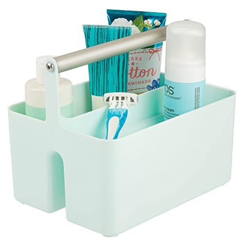 mDesign Under Sink Storage â€“ Plastic and Metal Bathroom Caddy for Shampoo and Soaps â€“ Portable Cosmetics Storage Organiser â€“ Mint/Satin