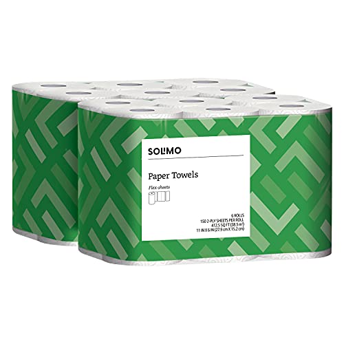 Book Cover Amazon Brand - Solimo Basic Flex-Sheets Paper Towels, 12 Value Rolls, White, 150 Sheets per Roll (New Version)