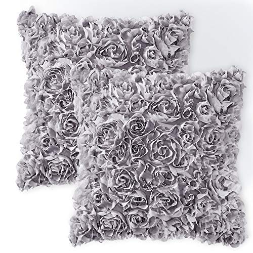 MIULEE Pack of 2 Decorative Romantic Stereo Chiffon Rose Flower Pillow Cover Solid Square Pillowcase for Sofa Bedroom Car 18x18 Inch 45x45 cm Grey