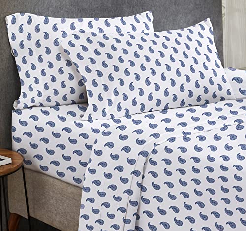 Book Cover California Design Den Paisley Sheets for King Size Bed, 4 Pc 100% Cotton Sheets Set Luxury 400 Thread Count Sateen, Deep Pockets (Paisley Blue)