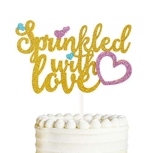 Sprinkled With Love Cake Topper, Baby Sprinkle Decorations, Sprinkle Themed Baby Shower Party Supplies, Glitter Pink Blue Second Baby Shower Cake Decor,Baby Diaper Party Favors